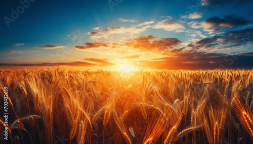 Breathtaking sunrise over serene countryside with vibrant wheat fields and fluffy clouds
