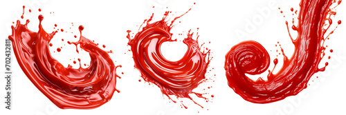 A set of ketchup spirals are cut out on a transparent background. A set of red ketchup scatters in different directions. Design element for insertion into a fast food advertising banner