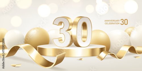 30th Anniversary celebration background. Golden 3D numbers on round podium with golden ribbons and balloons with bokeh lights in background.
 photo