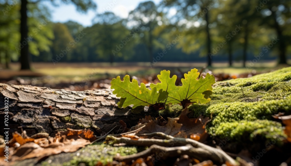 Beautiful rays of sunlight shining through vibrant green oak tree leaves in a serene natural setting Beautiful rays of sunlight shining through vibrant green oak tree leaves in a serene natural setting