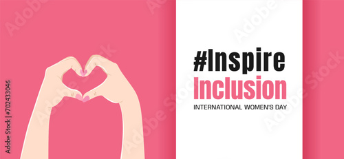 Inspireinclusion. 2024 International Women's Day horizontal banner. Female hands showing sign of heart on pink background. Design for poster, campaign, social media post. Vector illustration. photo
