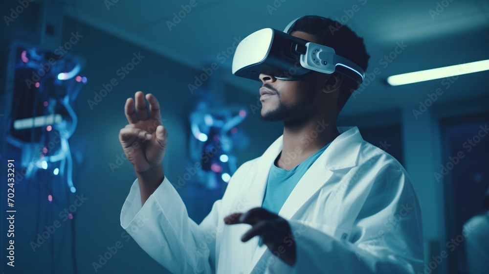 black male surgeon Wearing Virtual Reality Headset Uses Controllers to Remotely Operate Patient with Medical Robot. Modern High-Tech Advance in Breakthrough Medical Treatment, generative ai black male surgeon Wearing Virtual Reality Headset Uses Controllers to Remotely Operate Patient with Medical Robot. Modern High-Tech Advance in Breakthrough Medical Treatment, generative ai