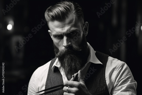 Bearded man, bearded male. Portrait of stylish man beard. Barber scissors and straight razor, barber shop. Vintage barbershop, shaving. Black and white photo