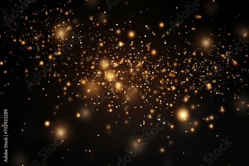 Black and gold particle abstract background with golden light shine particles on navy black.