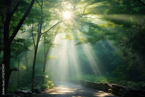 Enchanting sunbeams filtering through a mystical misty forest  creating mesmerizing sunlit rays