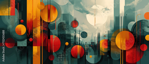A stylised abstract urban landscape with vibrant circles and geometric shapes. photo