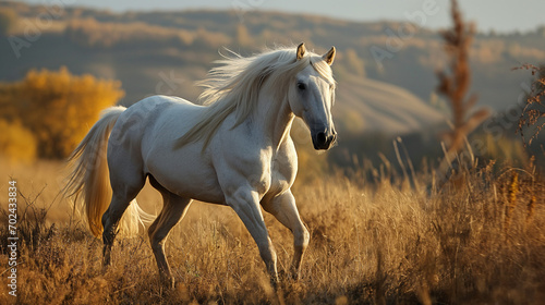 dynamic image capturing a herd of horses galloping with vigor through a desert. Dust billows around their hooves, creating a powerful scene of natural beauty and unbridled energy