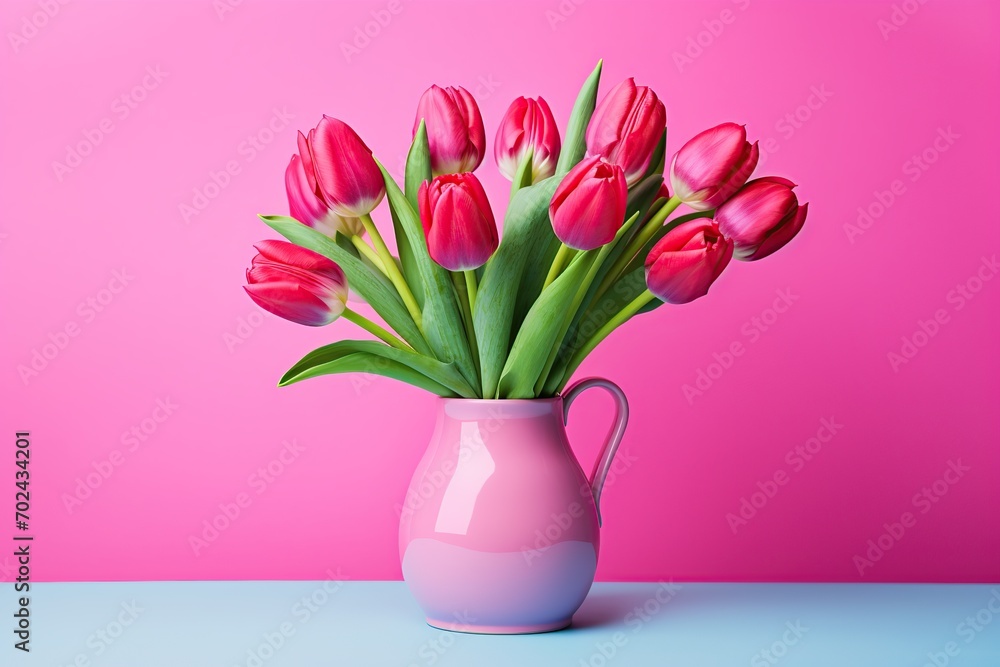 Obraz premium Bouquet of colorful tulips in vase on pink background