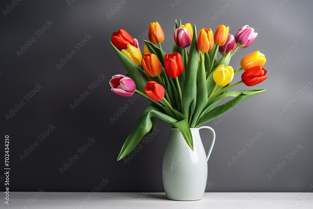 Bouquet of colorful tulips in vase on black background Bouquet of colorful tulips in vase on black background