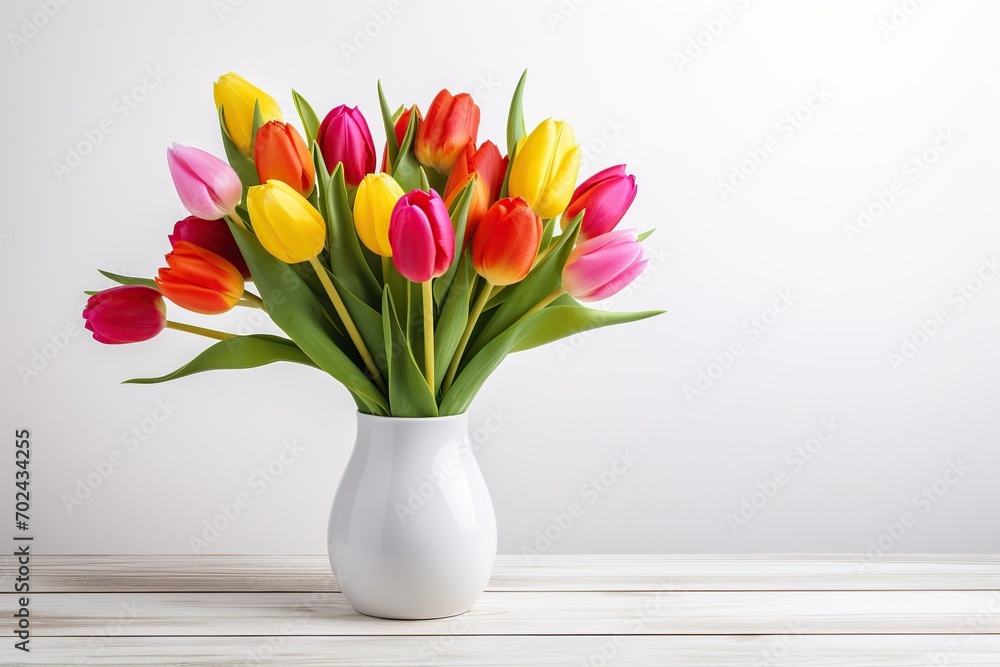 Bouquet of colorful tulips in vase on wooden background Bouquet of colorful tulips in vase on wooden background
