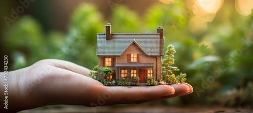 3d house model on human hands with blurred background   insurance and bank loan concept photo