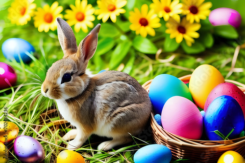 easter bunny and easter eggs with spring background © matteo