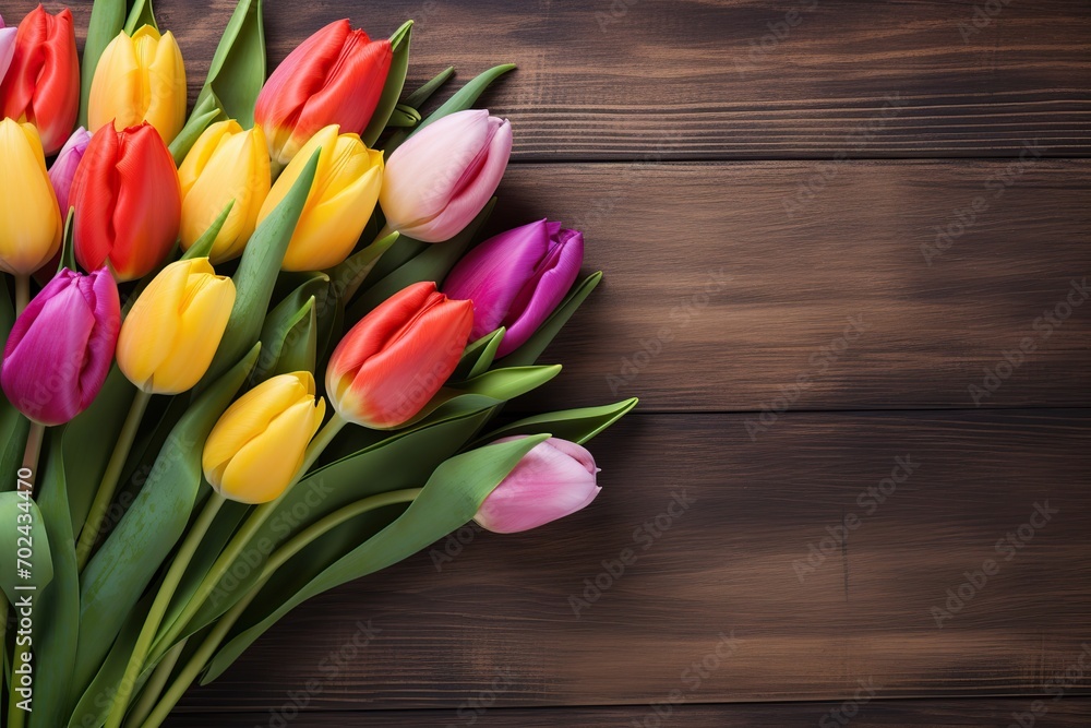 Bouquet of colorful tulips on wooden background