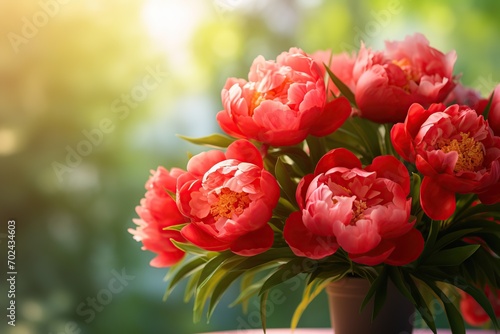 Red peony flowers on blurred green background