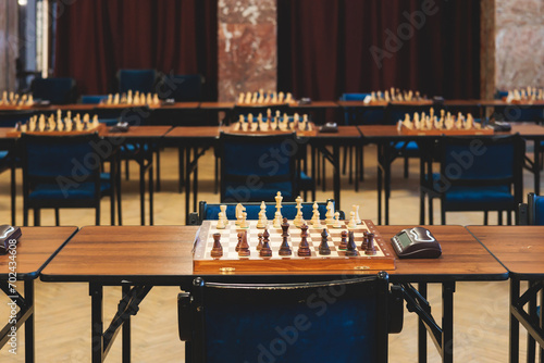 Tableau sur toile Chess tournament, kids and adults participate in chess match game outdoors in in