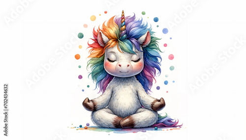 Watercolor illustration of colorful unicorn meditating in yoga lotus position. Cute and funny illustration 