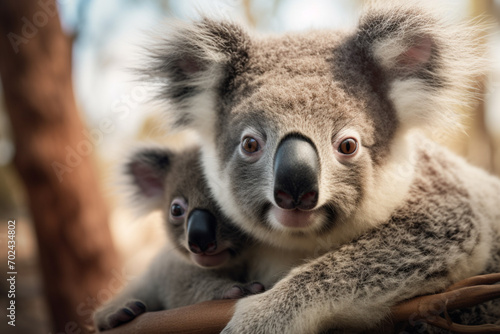 Close-up of a young koala bear  Phascolarctos cinereus  on back of its mother