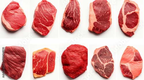 Assorted raw steaks collection with different cuts, top view, isolated on white background photo