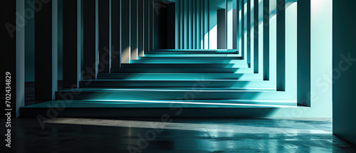 A minimalist abstract image of a blue staircase, casting shadows and light in a serene setting.