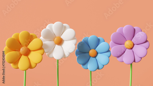 3Dの花。シンプルなイラストの花。カラフル
