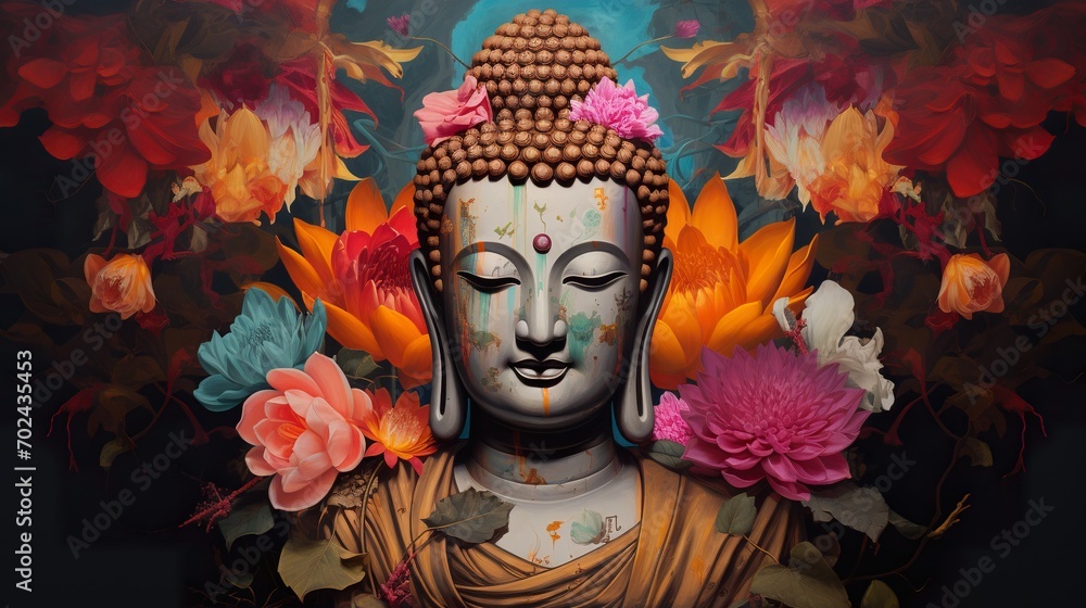 colorful portrait of sacred serene buddha god, buddhism religion concept wallpaper - obrazy, fototapety, plakaty 