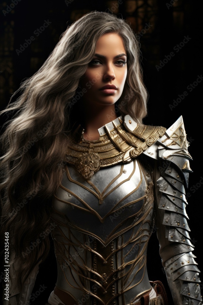 A woman in armor with long hair. Generative AI. A woman in armor with long hair. Generative AI.