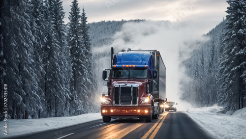Truck driving along a snowy road during the day