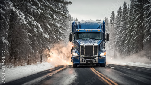Truck driving along a snowy road during the day