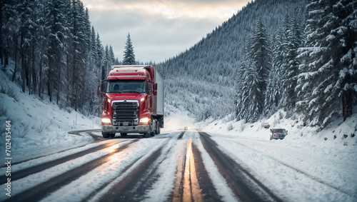 Truck driving along a snowy road during the day season