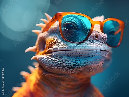 portrait of an iguana lizard, wearing sunglasses, azure and orange background, colorful lizard