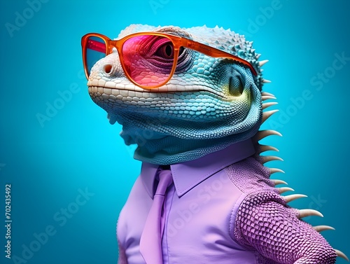 portrait of an iguana lizard, wearing sunglasses, azure and orange background, colorful lizard © Siarhei