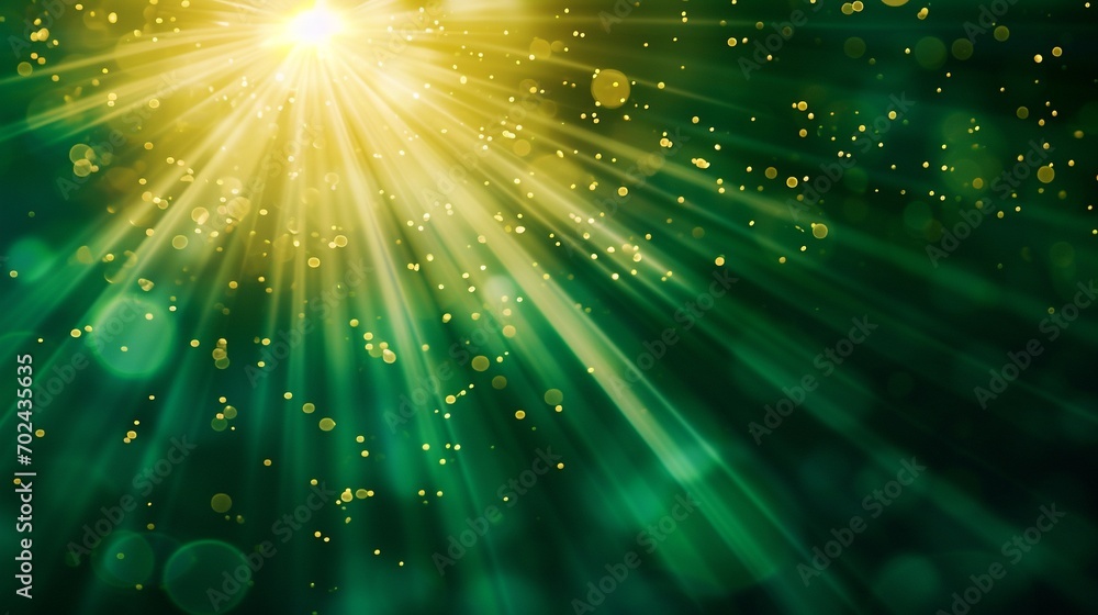 Asymmetric green light burst, abstract beautiful rays of lights on dark