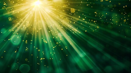 Asymmetric green light burst, abstract beautiful rays of lights on dark green background with the color of green and yellow, golden green sparkling backdrop with copy space.