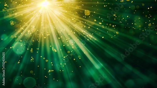Asymmetric green light burst, abstract beautiful rays of lights on dark green background with the color of green and yellow, golden green sparkling backdrop with copy space. photo