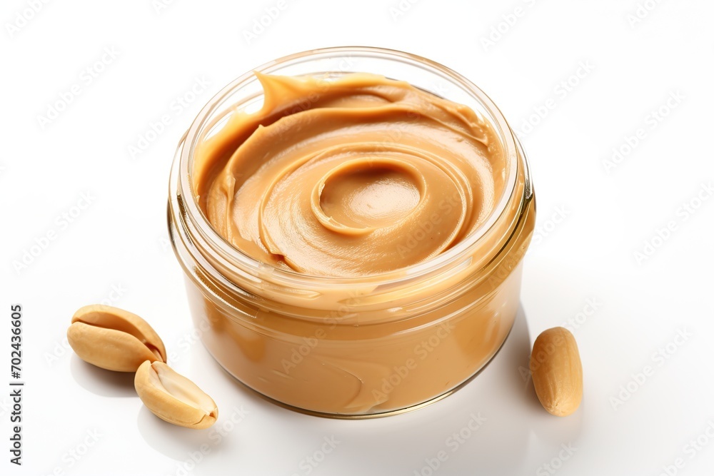 Glass jar with peanut butter on white background Glass jar with peanut butter on white background