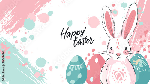 copy space, Happy Easter banner with text "Happy Easter". Trendy Easter design with typography, hand painted strokes and dots, eggs and bunny in pastel colors. Modern minimal style.