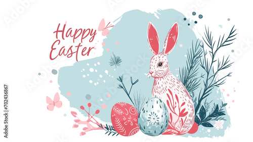 copy space, Happy Easter banner with text "Happy Easter". Trendy Easter design with typography, hand painted strokes and dots, eggs and bunny in pastel colors. Modern minimal style.