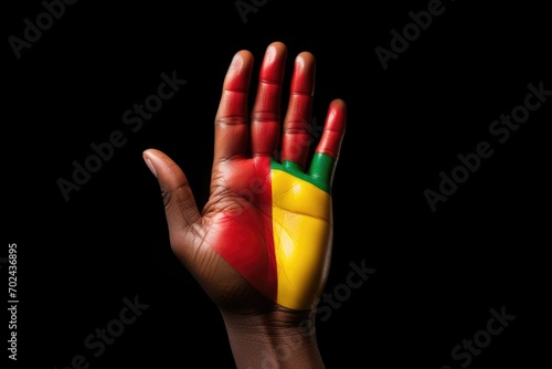 Black history month yellow red green color hand on dark background, concept of support, activism and celebration