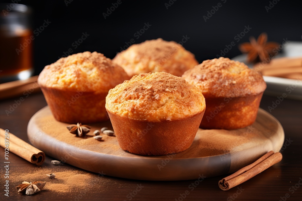 Delectable apple cinnamon muffins, easy homemade dessert concept, blurred background with copy space