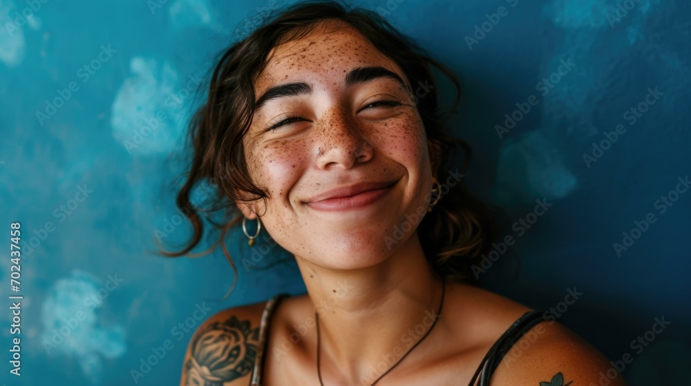 A woman with freckles smiling and looking at the camera. Generative AI.