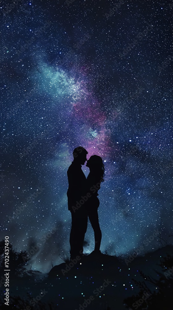 Love Under the Stars: Romantic Night Sky Silhouettes, Made with Generative AI (Midjourney)