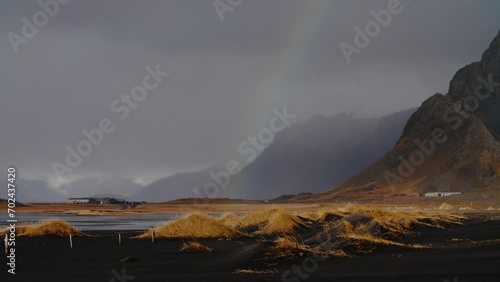 Black Beach Texture with yellow grass icelandic moss forming patterns in Iceland photo