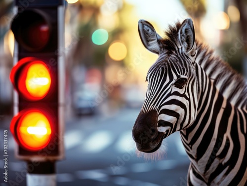 A zebra standing next to a traffic light. Generative AI.