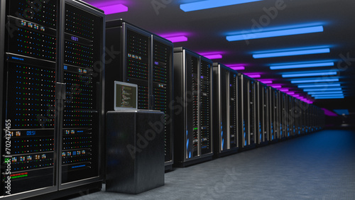 Server room. Server data center. Backup, mining, hosting, mainframe, farm and computer rack with storage information. 3d rendering (ID: 702437455)