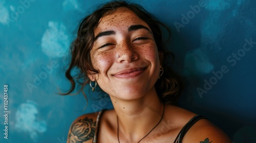 A woman with freckles smiling and looking at the camera. Generative AI. photo