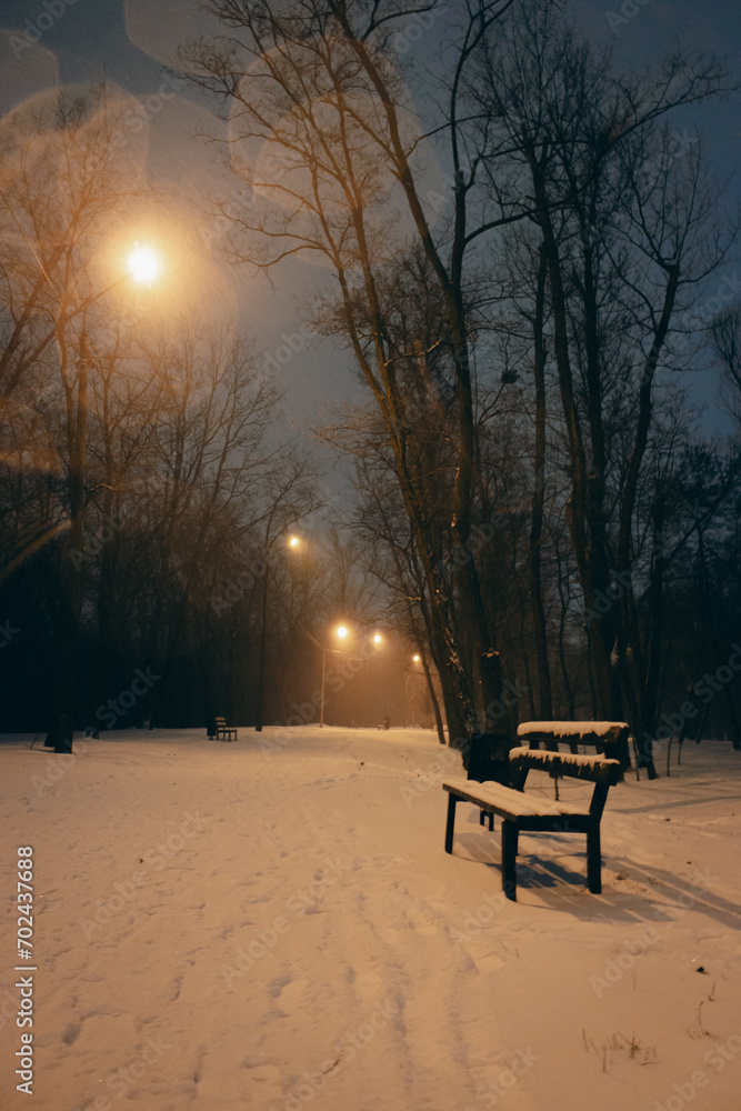 Empty winter park with street lamps at night. Winter landscape. Snowfall in the city. Bench on the alley in evening park. Frozen weather background. February weather. Snow and freeze. 