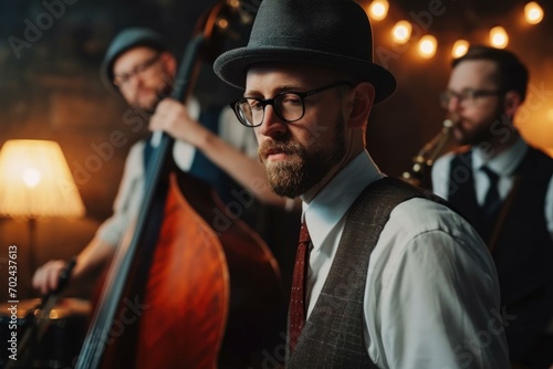 Men in a hat and glasses playing musical instruments. Generative AI.