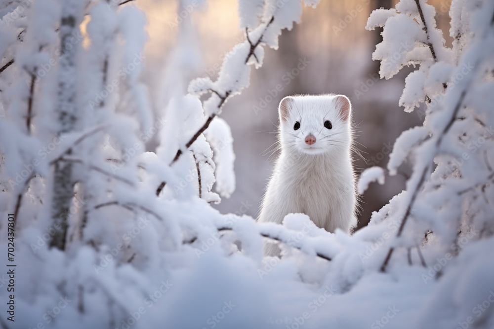 White weasel peeks through snowy branches, Suitable for wildlife education materials. . White weasel peeks through snowy branches, Suitable for wildlife education materials. .
