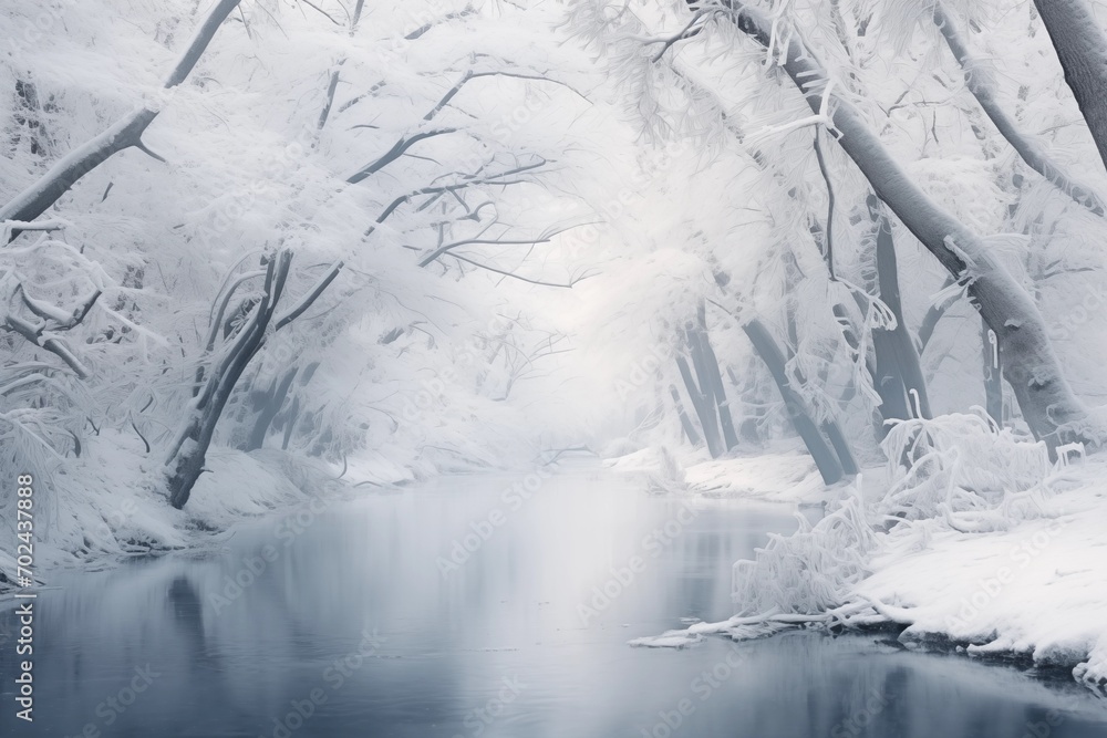 Enchanted winter river scene, trees cloaked in snow's silence. Ideal for seasonal landscapes in art and photography. 