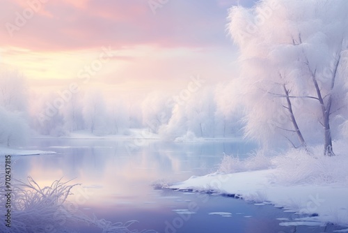 Tranquil winter sunrise over a frosty river landscape, evoking peaceful solitude. Ideal for background in meditation and wellness content. © Mariana